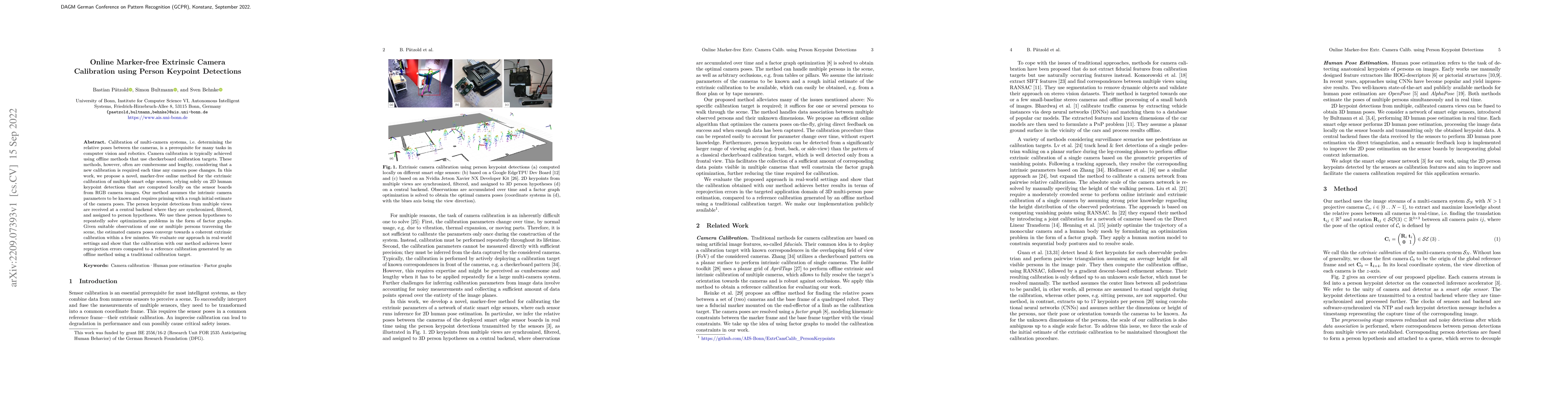 Thumbnail for Online Marker-free Extrinsic Camera Calibration using Person Keypoint
  Detections