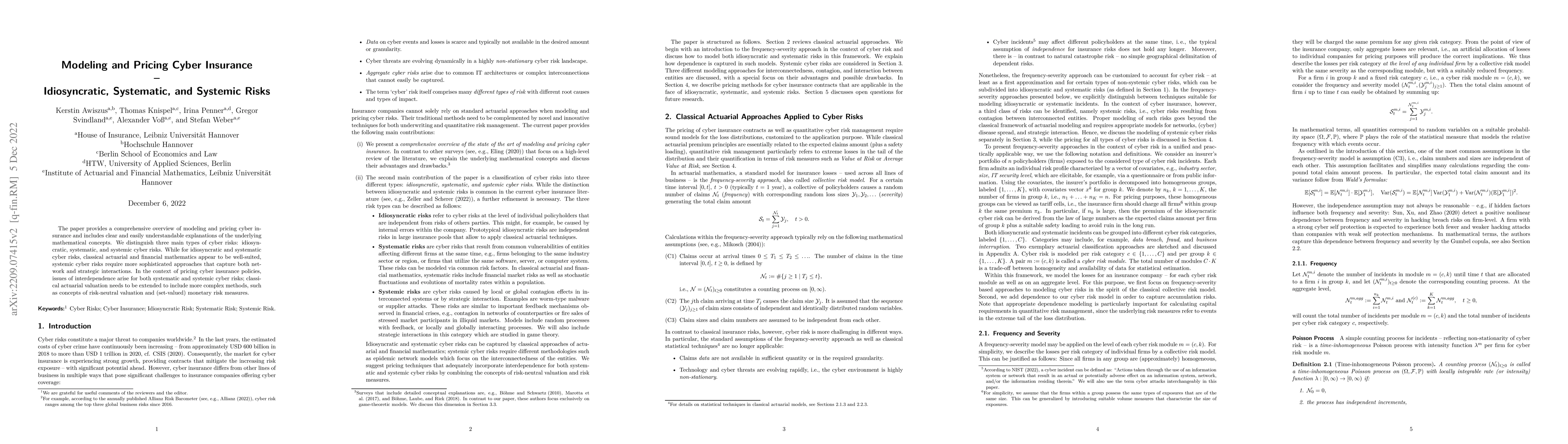 Thumbnail for Modeling and Pricing Cyber Insurance -- Idiosyncratic, Systematic, and
  Systemic Risks