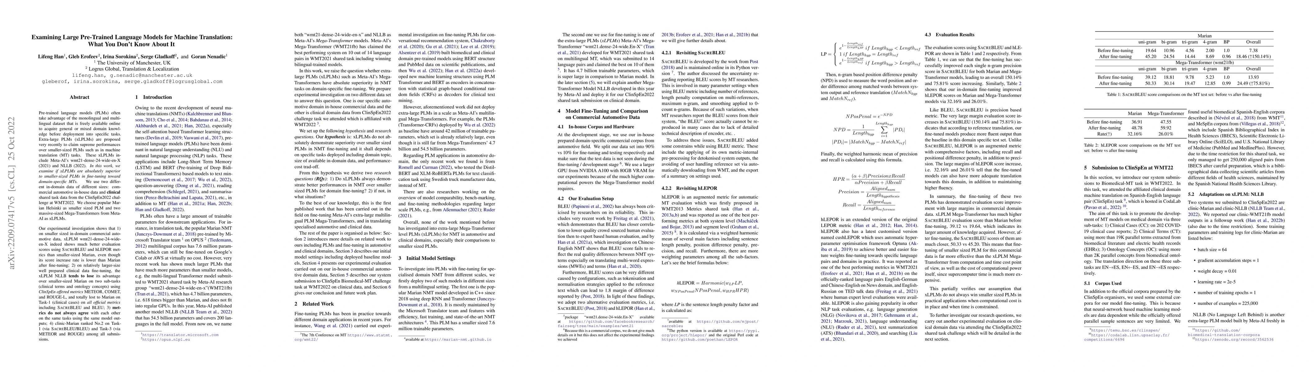 Thumbnail for Examining Large Pre-Trained Language Models for Machine Translation:
  What You Don't Know About It