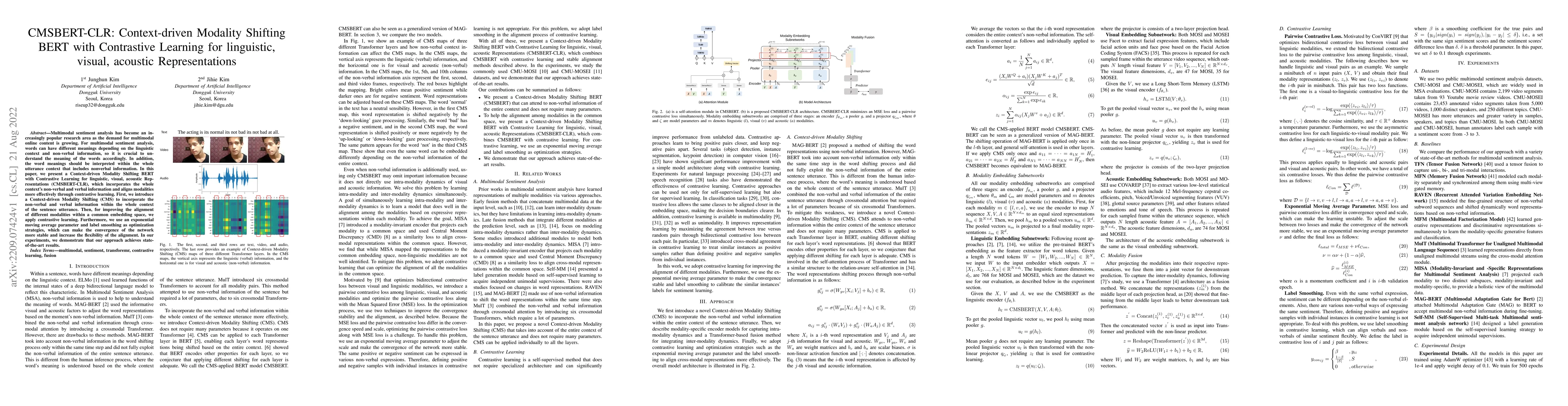 Thumbnail for CMSBERT-CLR: Context-driven Modality Shifting BERT with Contrastive
  Learning for linguistic, visual, acoustic Representations