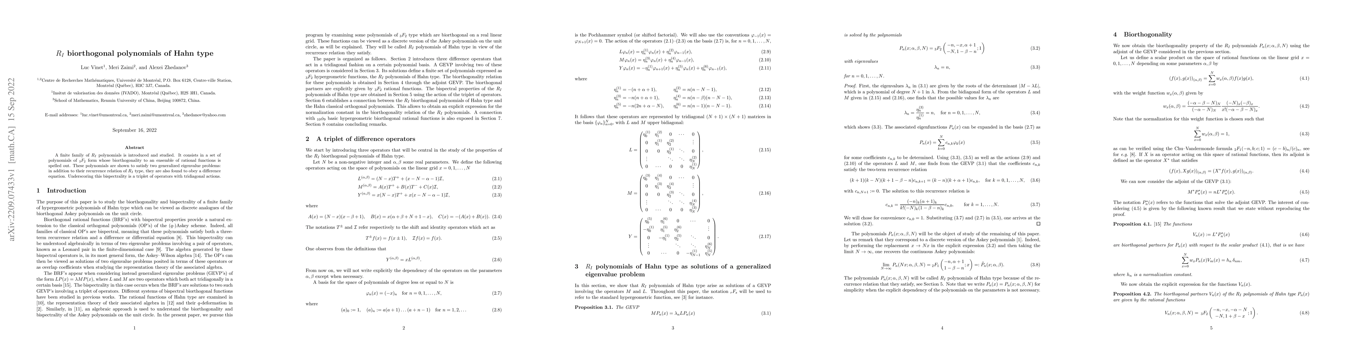 Thumbnail for $R_I$ biorthogonal polynomials of Hahn type