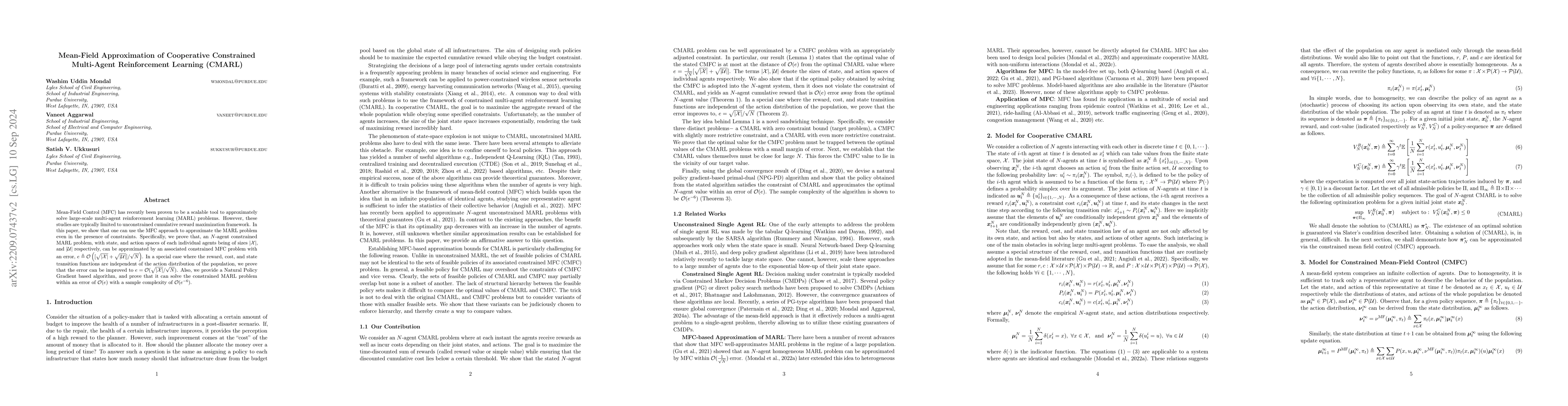 Thumbnail for Mean-Field Approximation of Cooperative Constrained Multi-Agent
  Reinforcement Learning (CMARL)