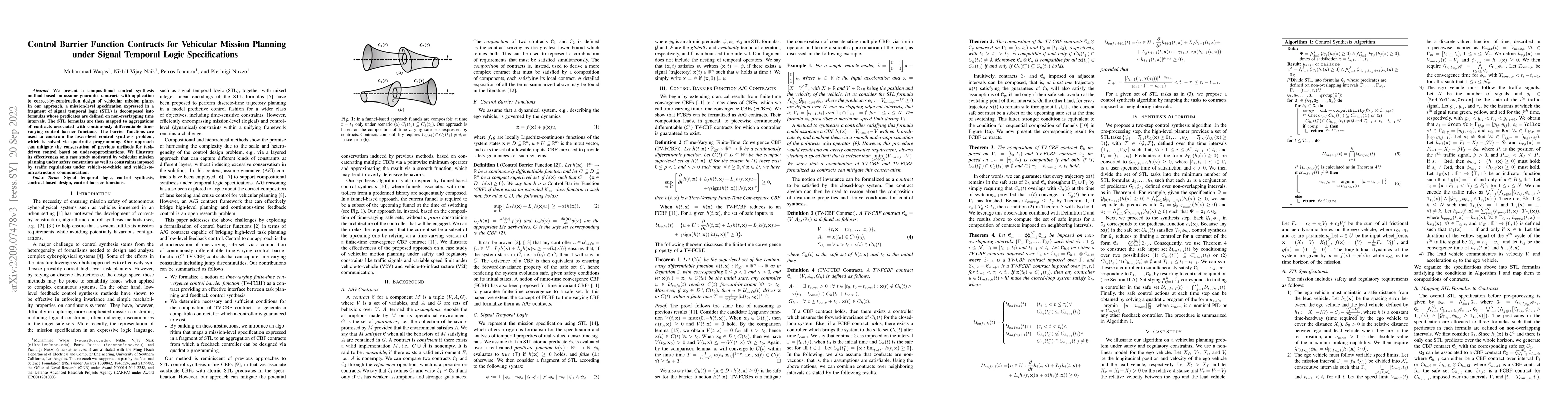 Thumbnail for Control Barrier Function Contracts for Vehicular Mission Planning Under
  Signal Temporal Logic Specifications