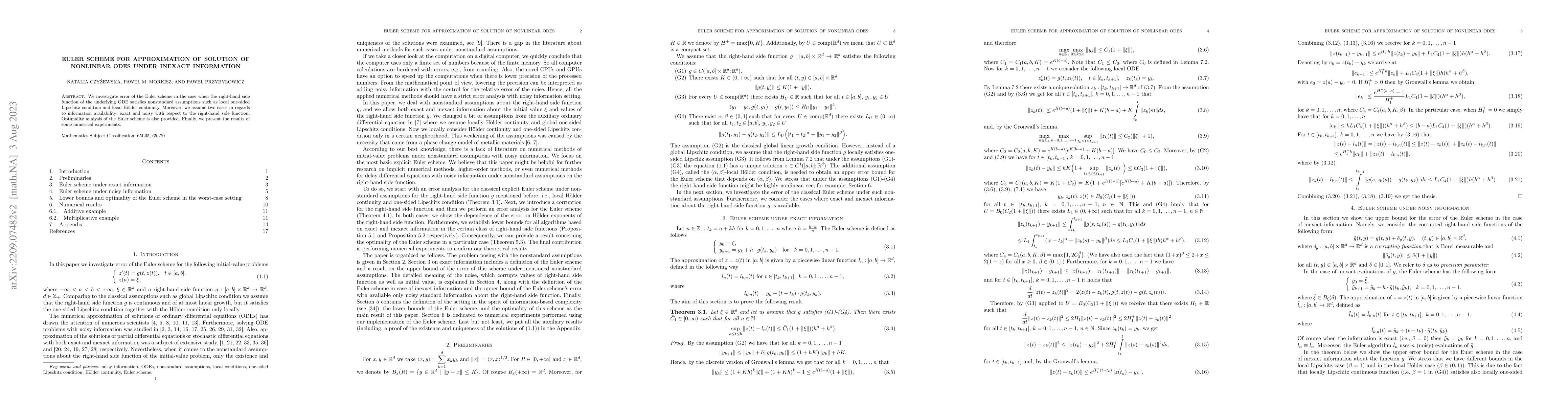 Thumbnail for Euler scheme for approximation of solution of nonlinear ODEs under
  inexact information