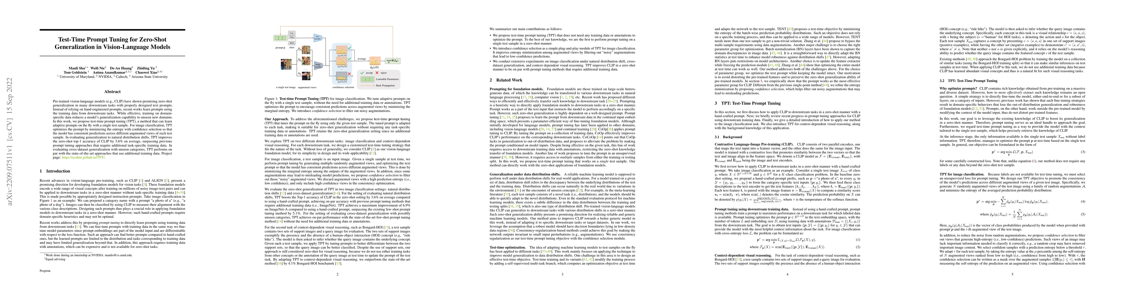 Thumbnail for Test-Time Prompt Tuning for Zero-Shot Generalization in Vision-Language
  Models