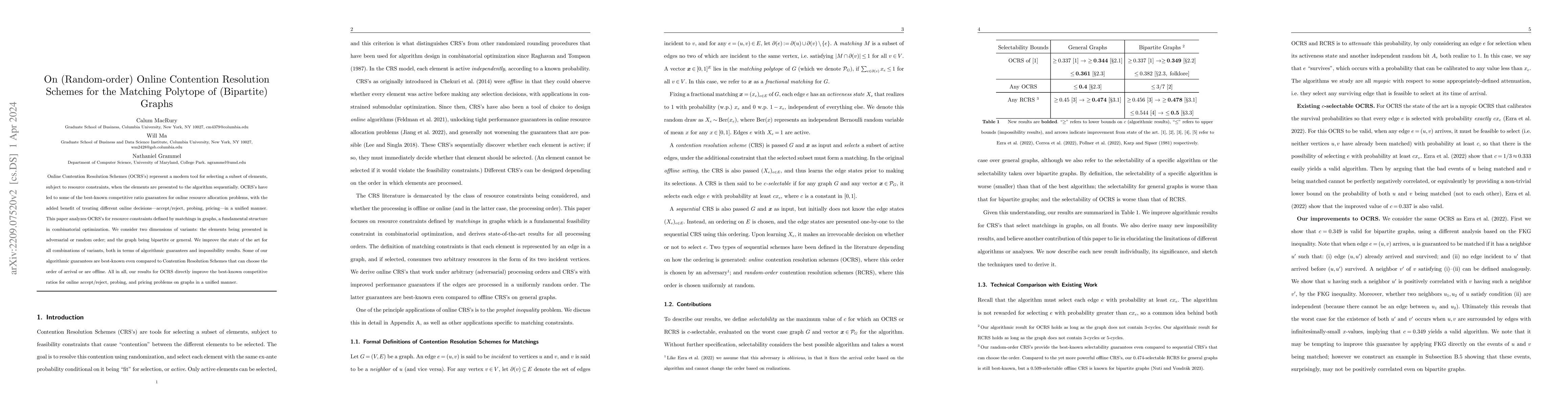 Thumbnail for On (Random-order) Online Contention Resolution Schemes for the Matching
  Polytope of (Bipartite) Graphs