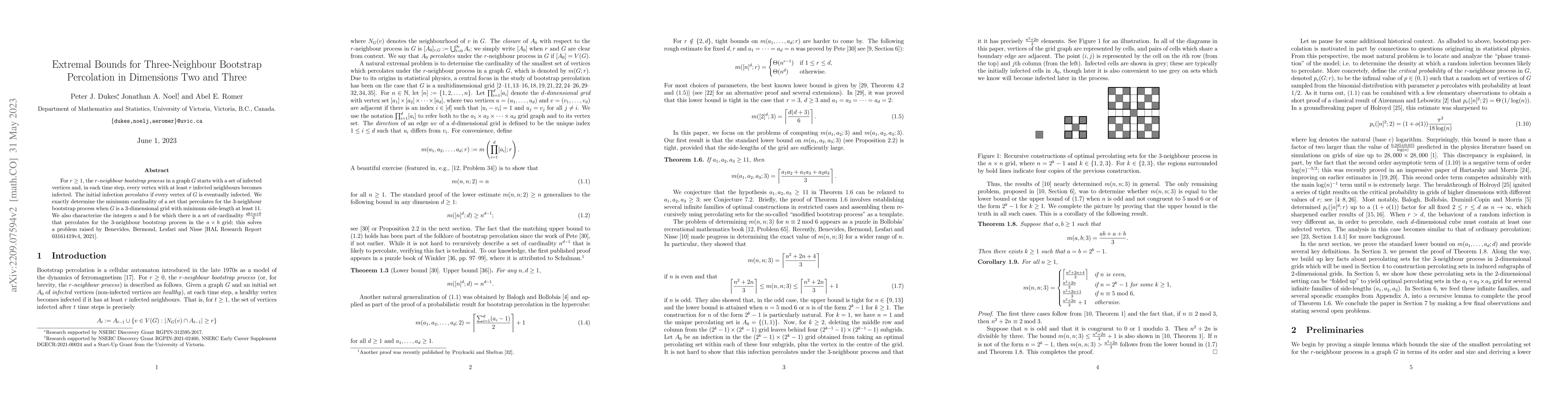 Thumbnail for Extremal Bounds for Three-Neighbour Bootstrap Percolation in Dimensions
  Two and Three