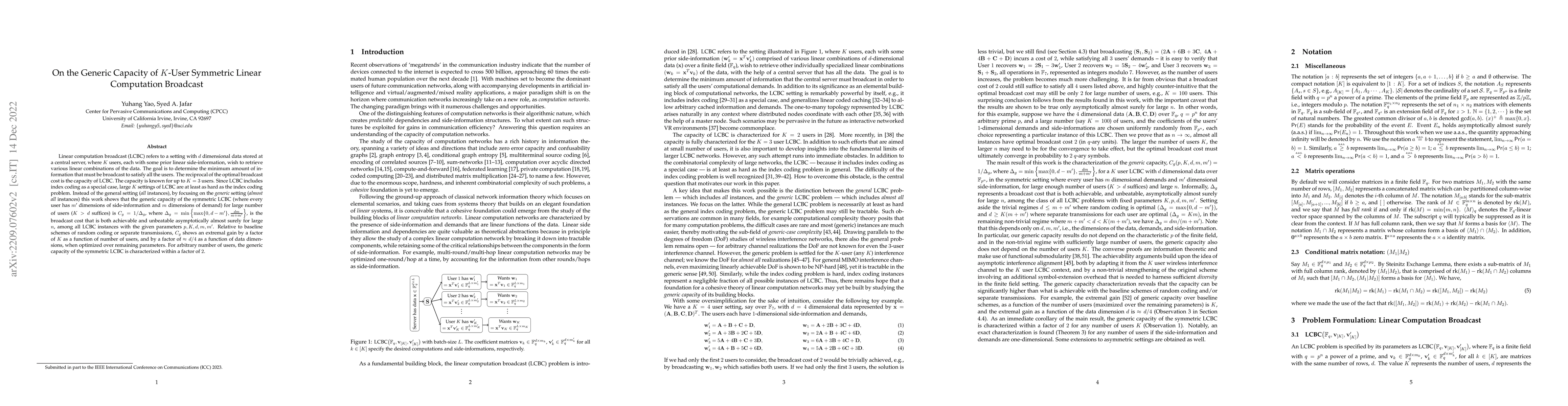 Thumbnail for On the Generic Capacity of $K$-User Symmetric Linear Computation
  Broadcast