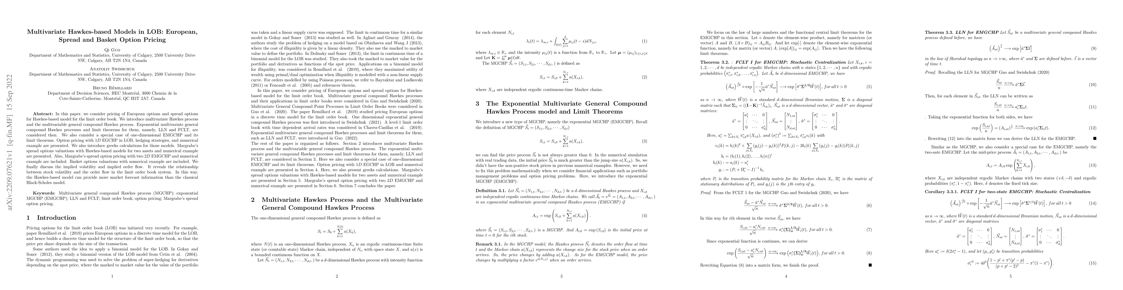 Thumbnail for Multivariate Hawkes-based Models in LOB: European, Spread and Basket
  Option Pricing