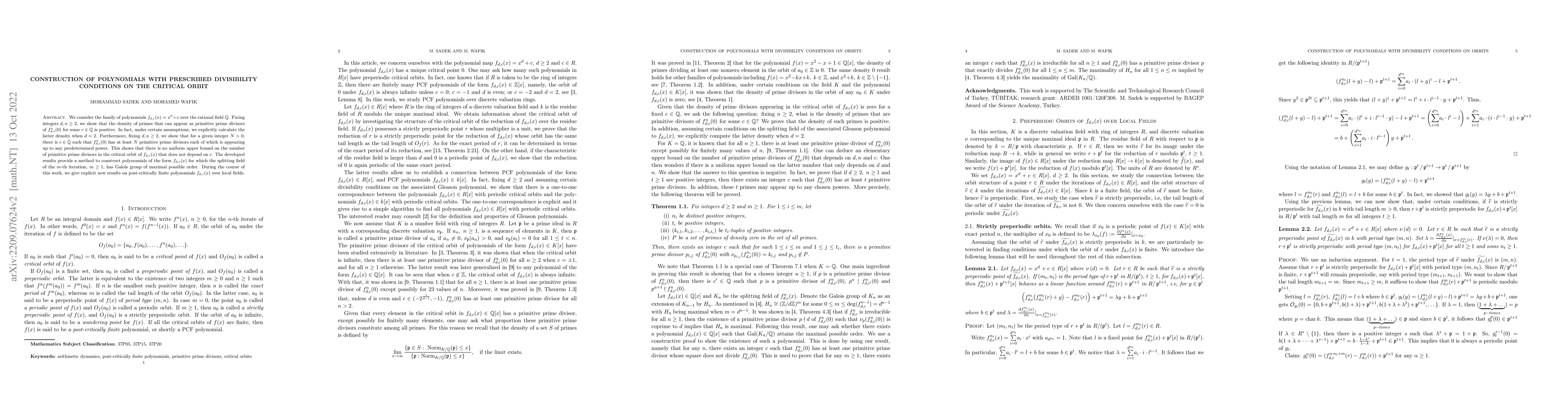Thumbnail for Construction of Polynomials with prescribed divisibility conditions on
  the critical orbit