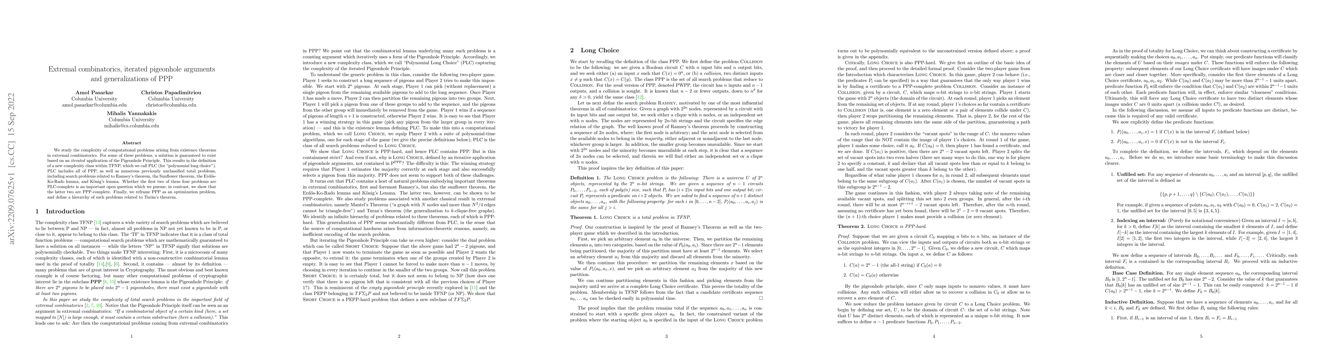 Thumbnail for Extremal combinatorics, iterated pigeonhole arguments, and
  generalizations of PPP