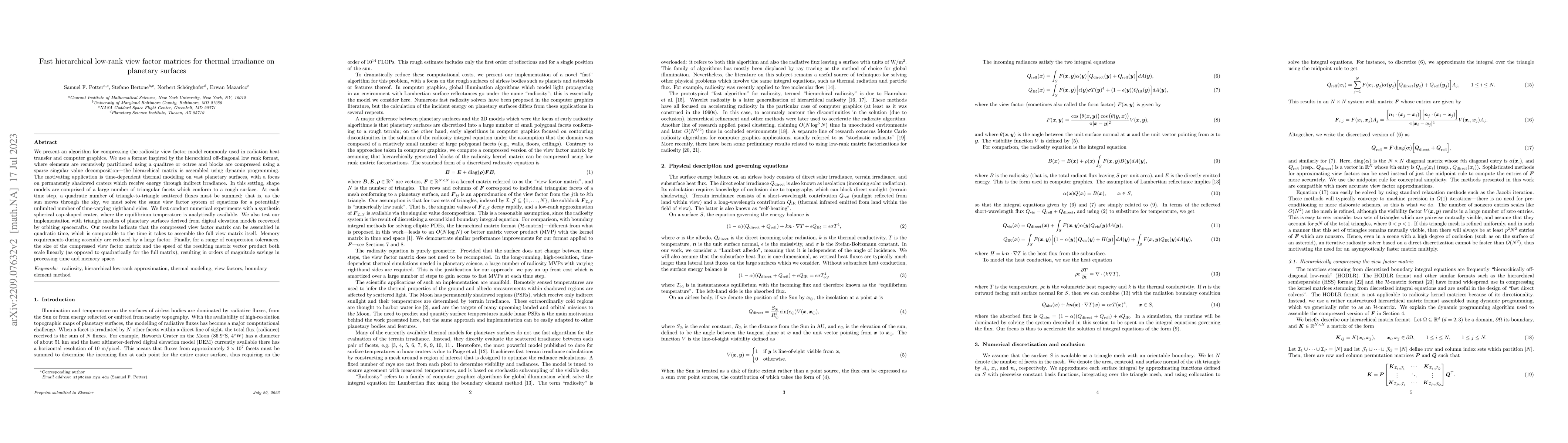 Thumbnail for Fast hierarchical low-rank view factor matrices for thermal irradiance
  on planetary surfaces