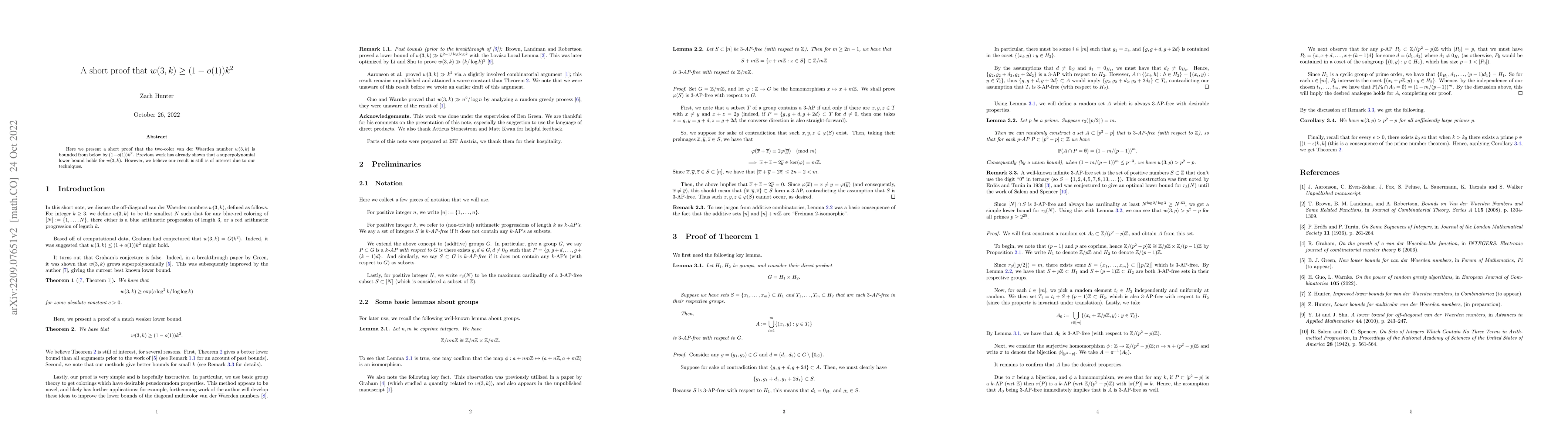 Thumbnail for A short proof that $w(3,k) \ge (1-o(1))k^2$