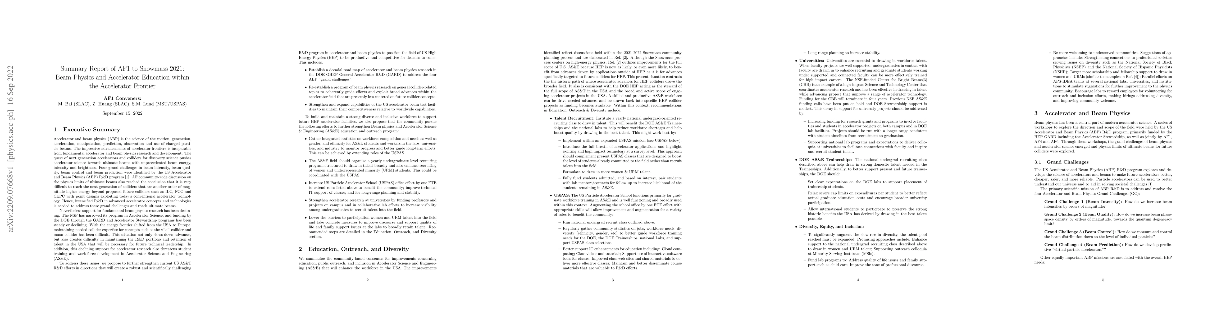 Thumbnail for Summary Report of AF1 to Snowmass 2021: Beam Physics and Accelerator
  Education within the Accelerator Frontier