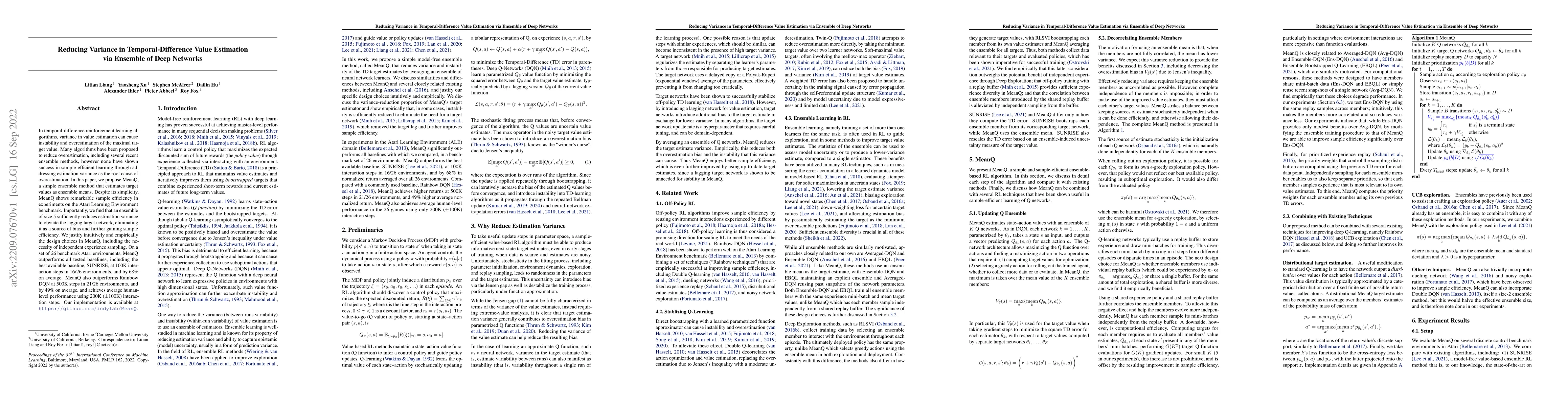 Thumbnail for Reducing Variance in Temporal-Difference Value Estimation via Ensemble
  of Deep Networks