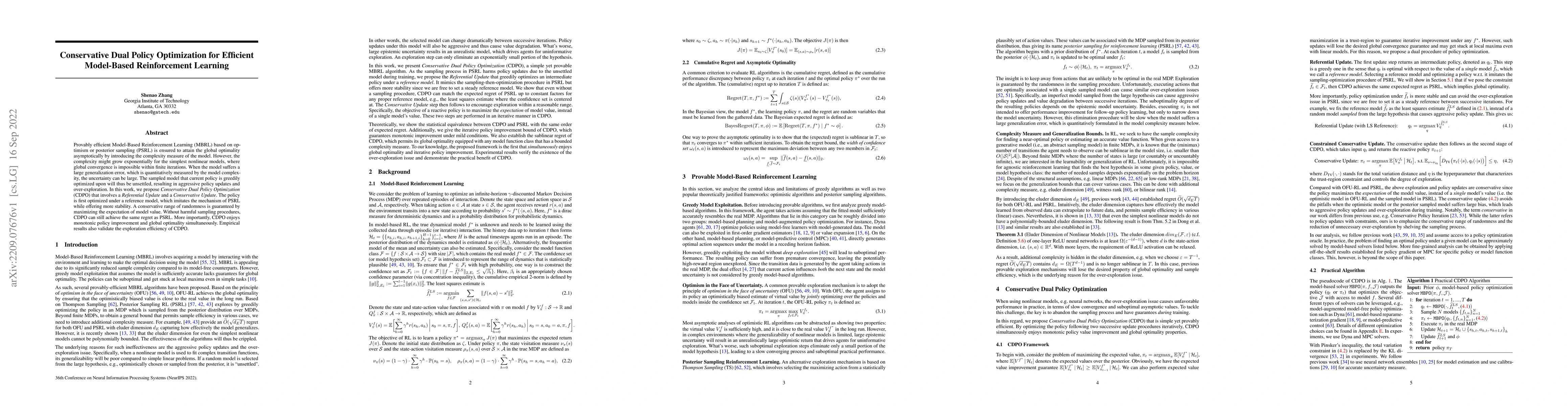 Thumbnail for Conservative Dual Policy Optimization for Efficient Model-Based
  Reinforcement Learning