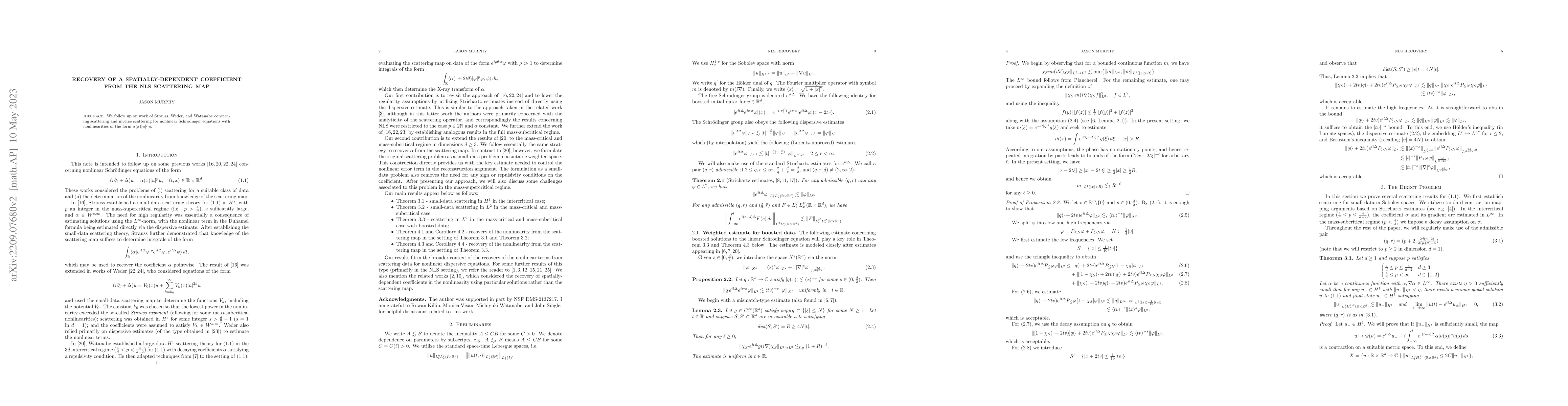 Thumbnail for Recovery of a spatially-dependent coefficient from the NLS scattering
  map