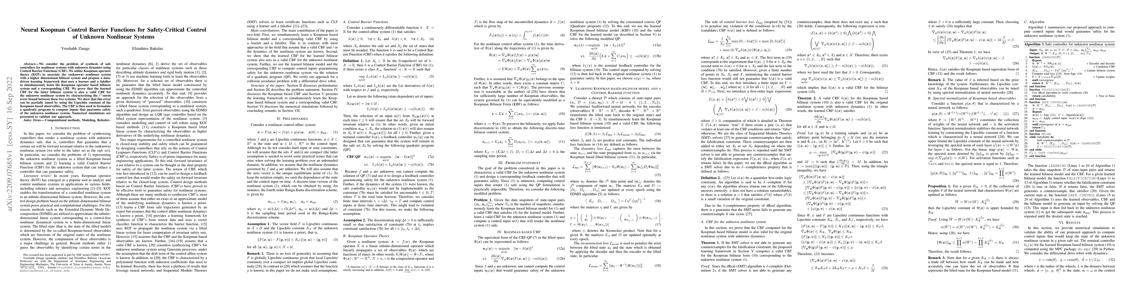 Thumbnail for Neural Koopman Control Barrier Functions for Safety-Critical Control of
  Unknown Nonlinear Systems