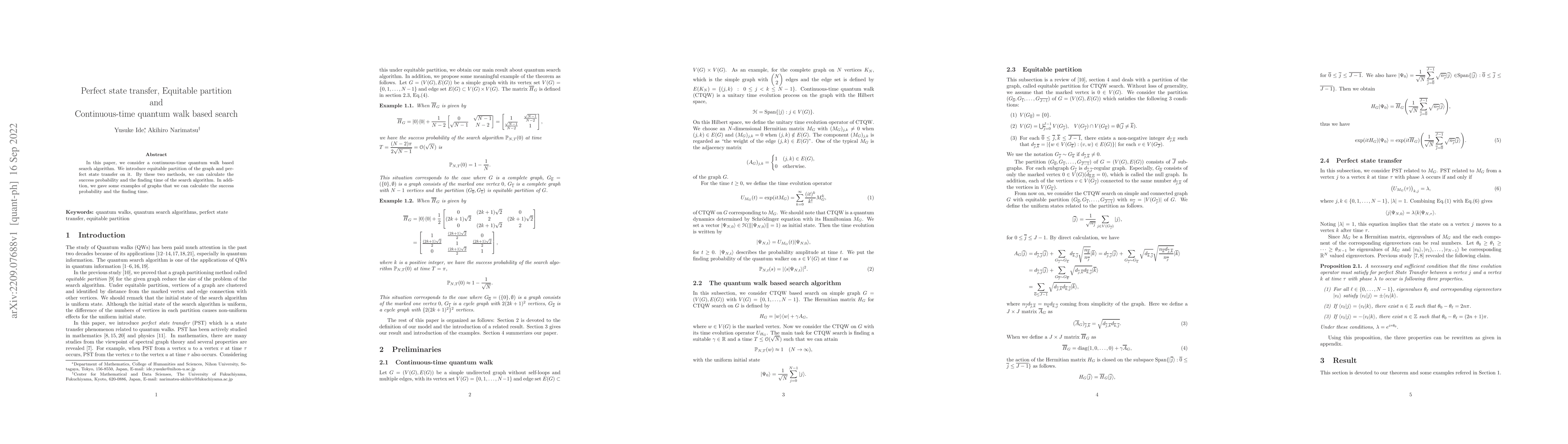 Thumbnail for Perfect state transfer, Equitable partition and Continuous-time quantum
  walk based search