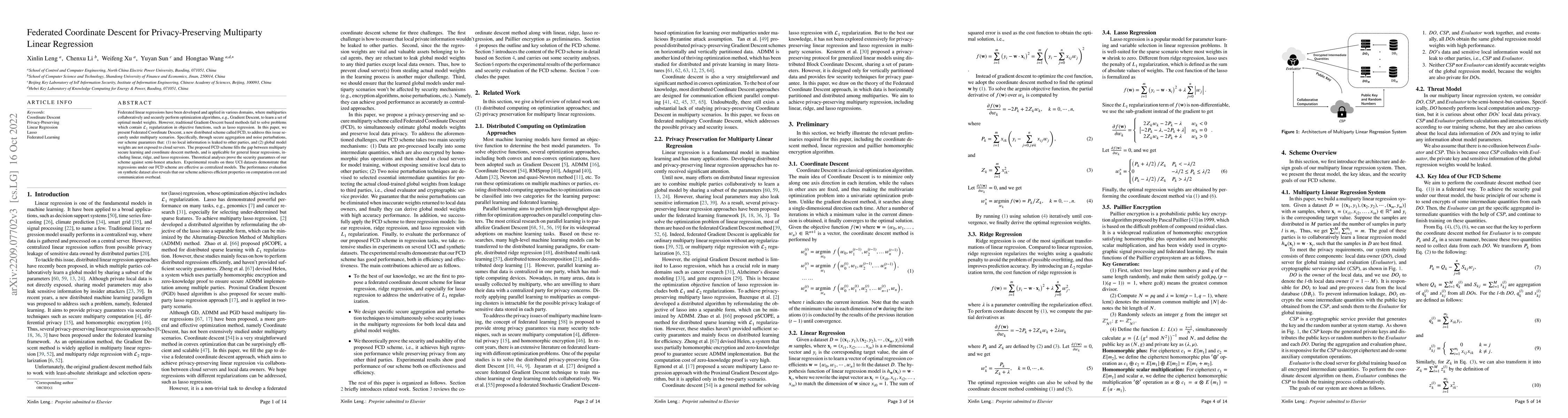 Thumbnail for Federated Coordinate Descent for Privacy-Preserving Multiparty Linear
  Regression