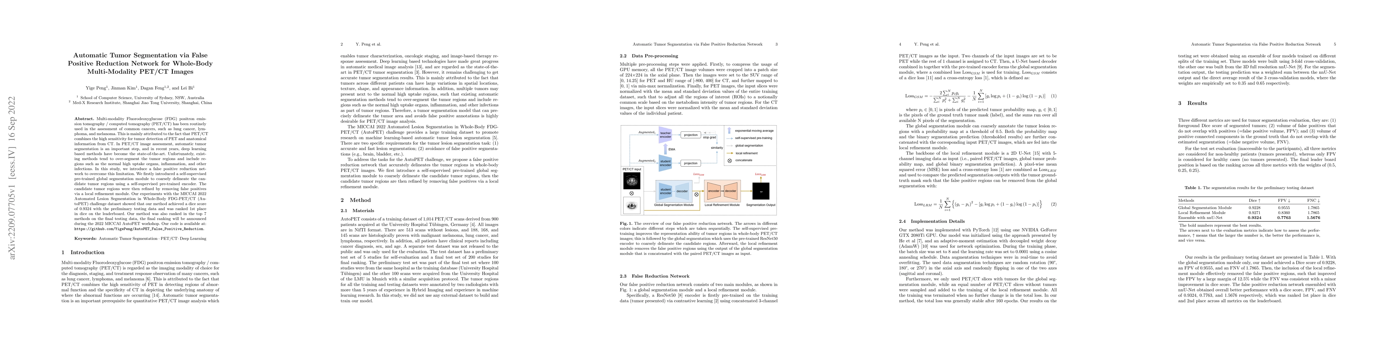 Thumbnail for Automatic Tumor Segmentation via False Positive Reduction Network for
  Whole-Body Multi-Modal PET/CT Images