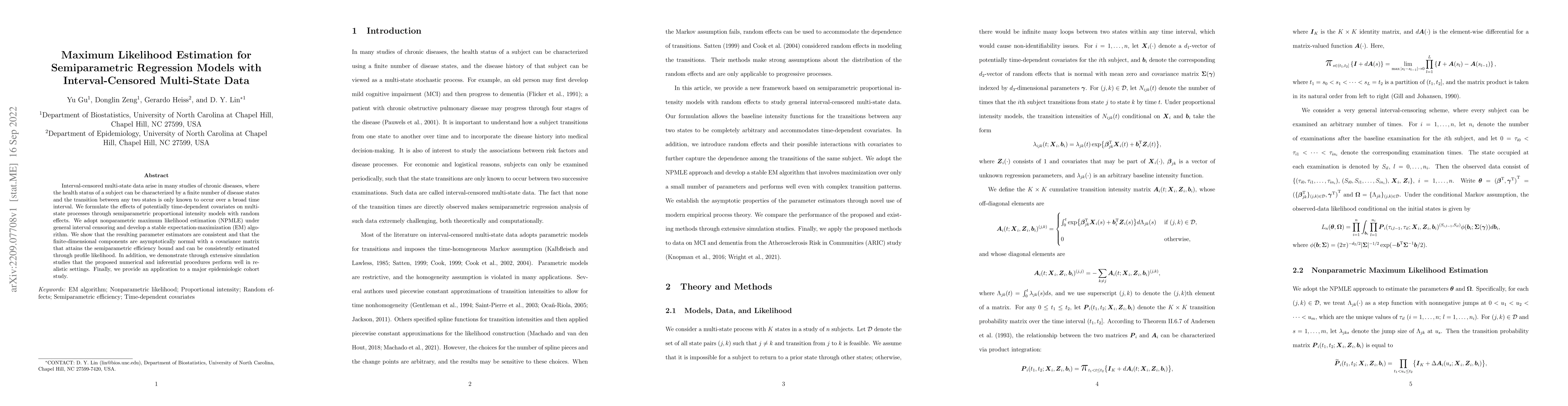 Thumbnail for Maximum Likelihood Estimation for Semiparametric Regression Models with
  Interval-Censored Multi-State Data