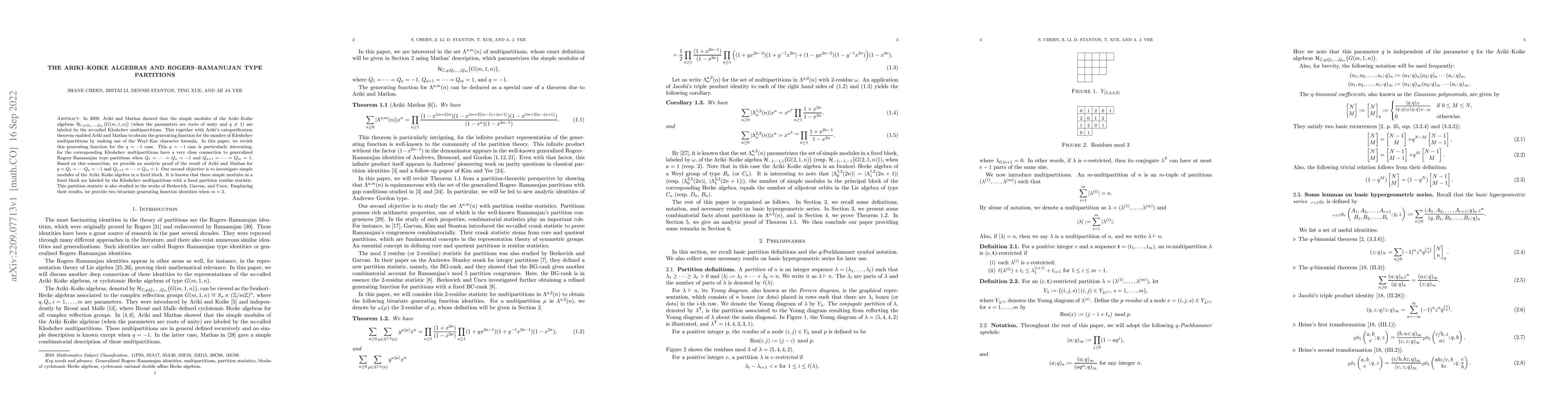 Thumbnail for The Ariki--Koike algebras and Rogers--Ramanujan type partitions