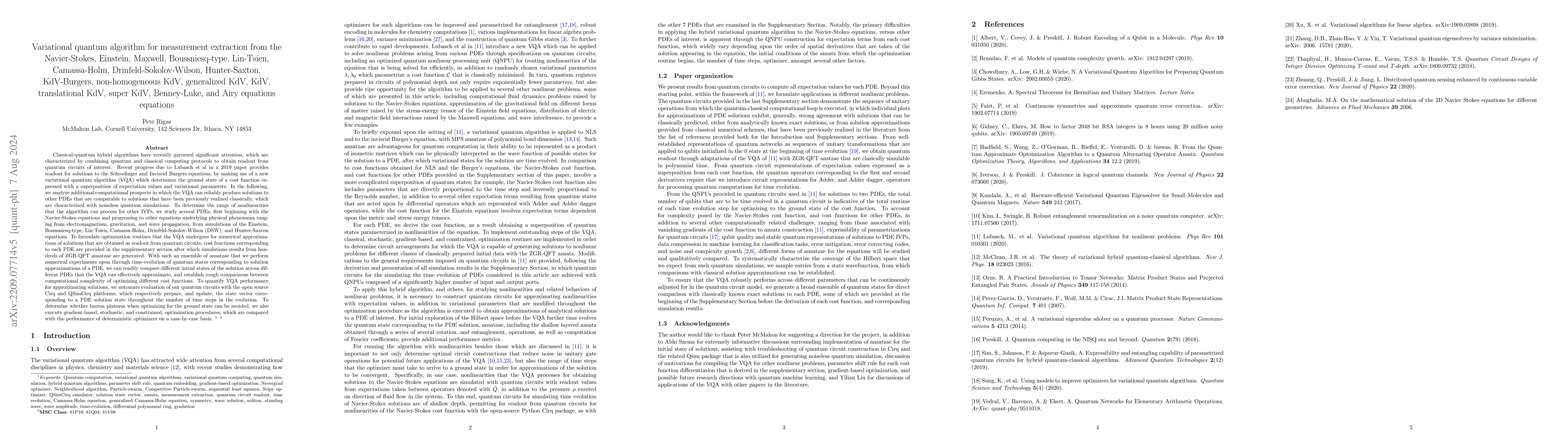 Thumbnail for Variational quantum algorithm for measurement extraction from the
  Navier-Stokes, Einstein, Maxwell, B-type, Lin-Tsien, Camassa-Holm, DSW, H-S,
  KdV-B, non-homogeneous KdV, generalized KdV, KdV, translational KdV, sKdV,
  B-L and Airy equations