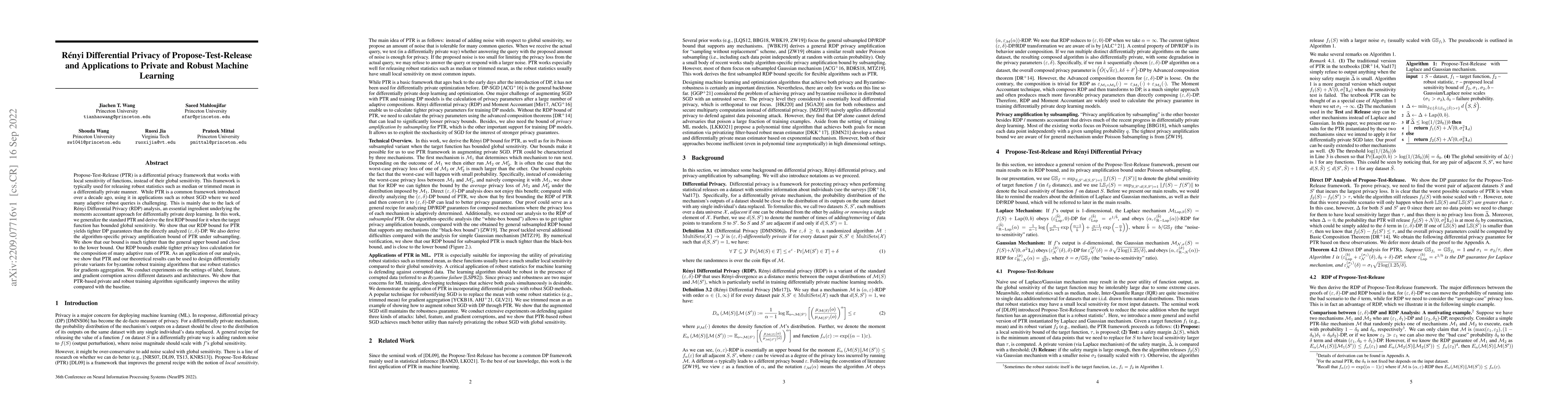 Thumbnail for Renyi Differential Privacy of Propose-Test-Release and Applications to
  Private and Robust Machine Learning