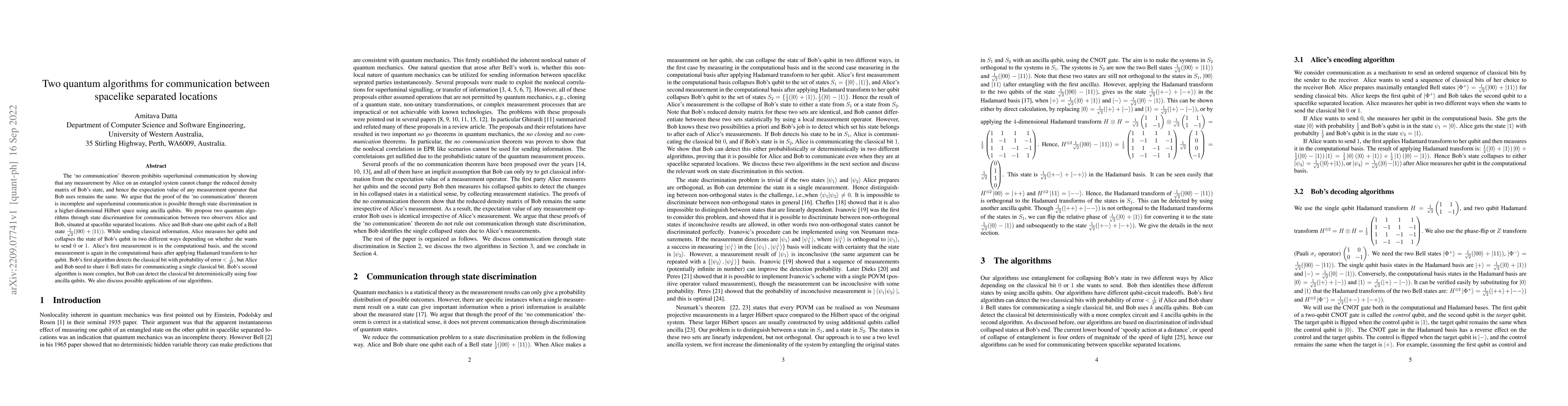 Thumbnail for Two quantum algorithms for communication between spacelike separated
  locations
