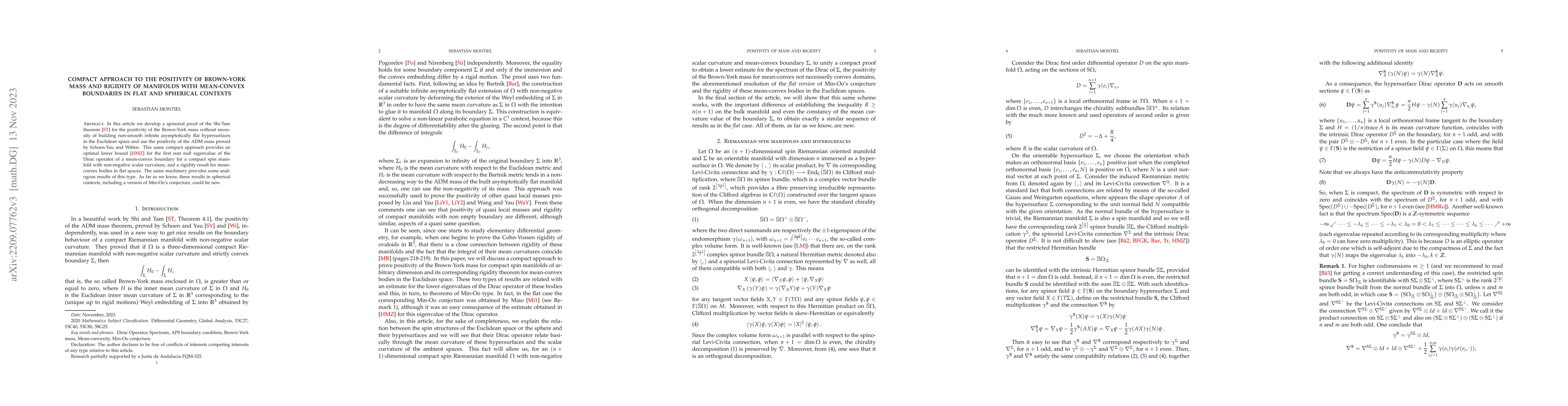 Thumbnail for Compact approach to the positivity of Brown-York mass and rigidity of
  manifolds with mean-convex boundaries in flat and spherical contexts