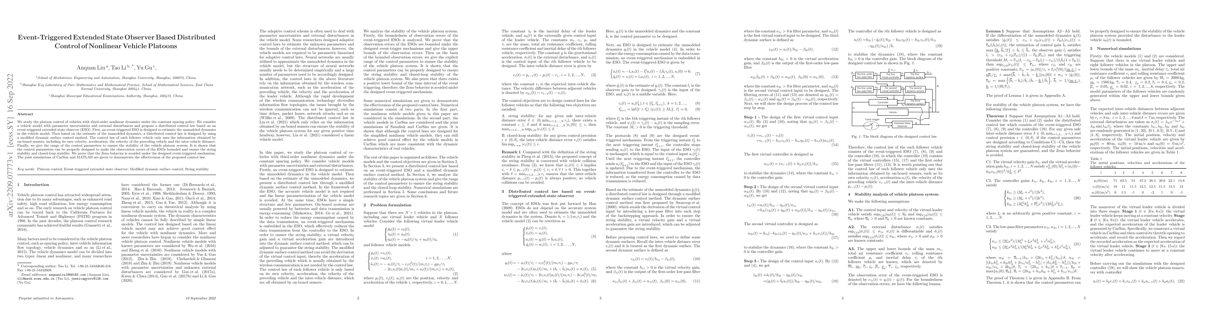 Thumbnail for Event-Triggered Extended State Observer Based Distributed Control of
  Nonlinear Vehicle Platoons