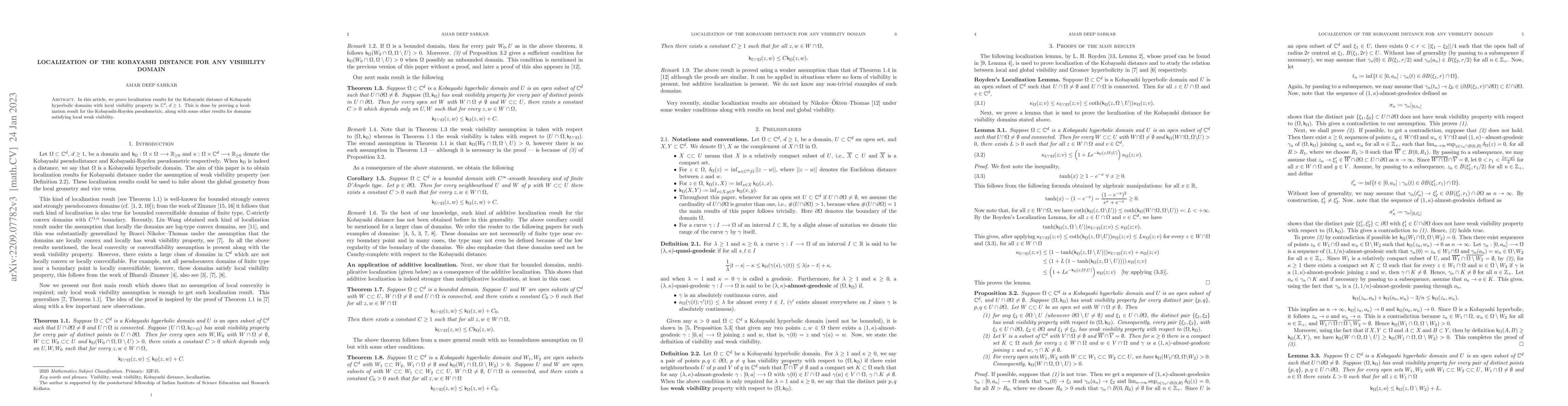 Thumbnail for Localization of the Kobayashi distance for any visibility domain