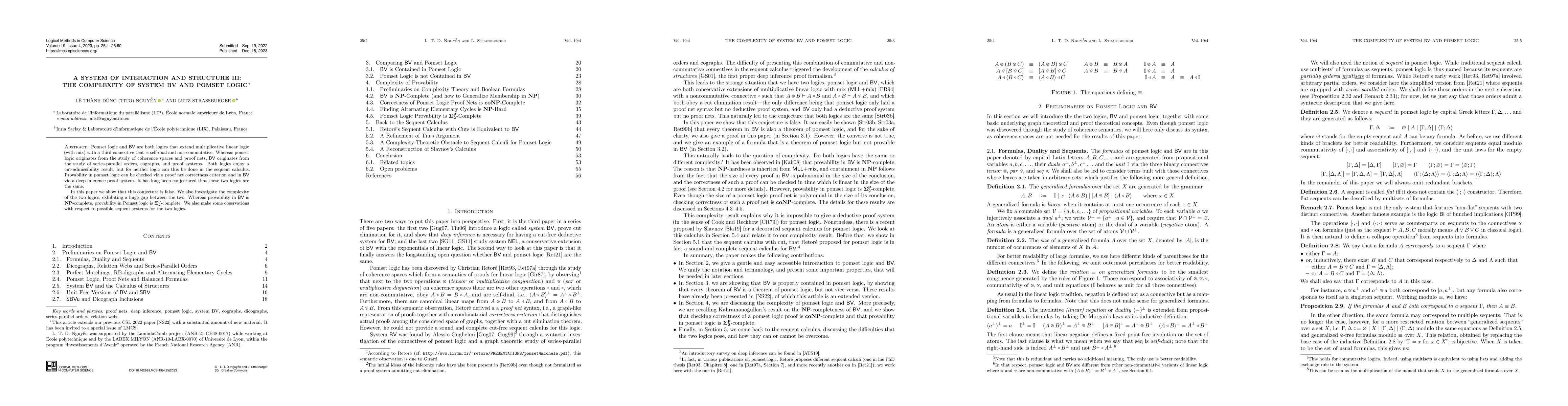 Thumbnail for A System of Interaction and Structure III: The Complexity of BV and
  Pomset Logic