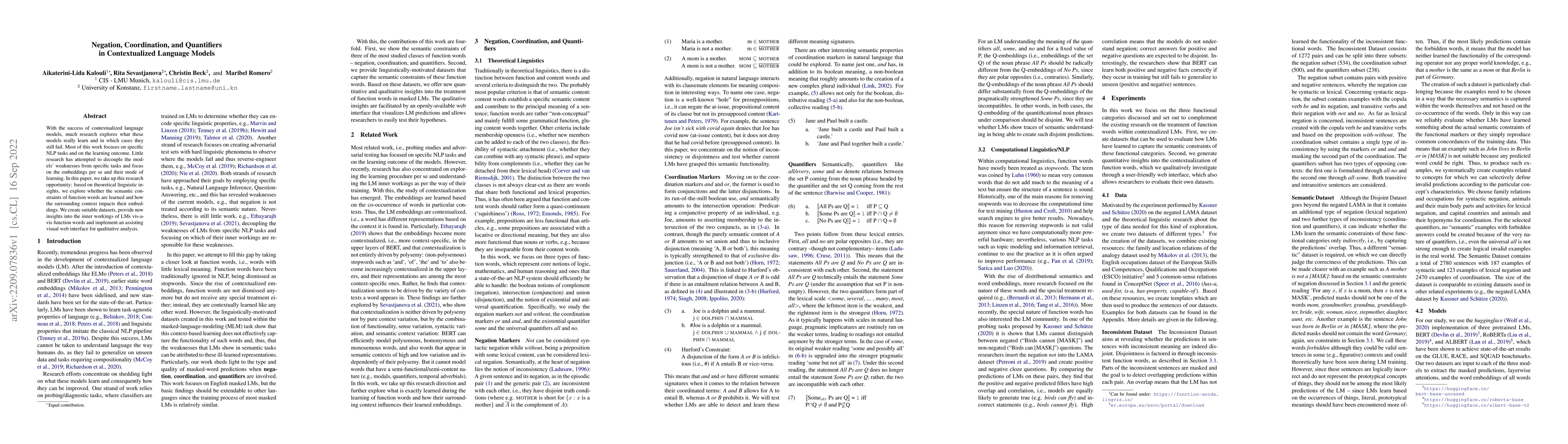 Thumbnail for Negation, Coordination, and Quantifiers in Contextualized Language
  Models