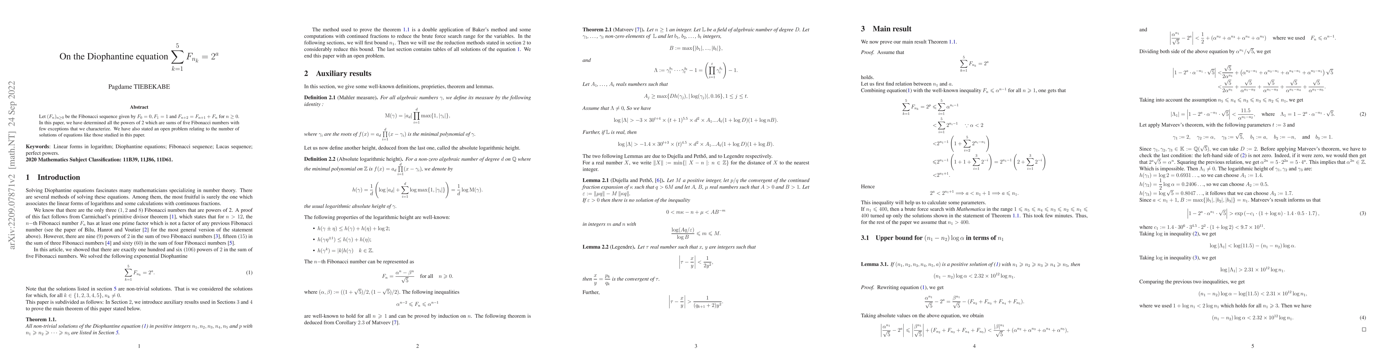 Thumbnail for On the Diophantine equation $\displaystyle \sum _{k=1}^{5}F_{n_k}=2^a$