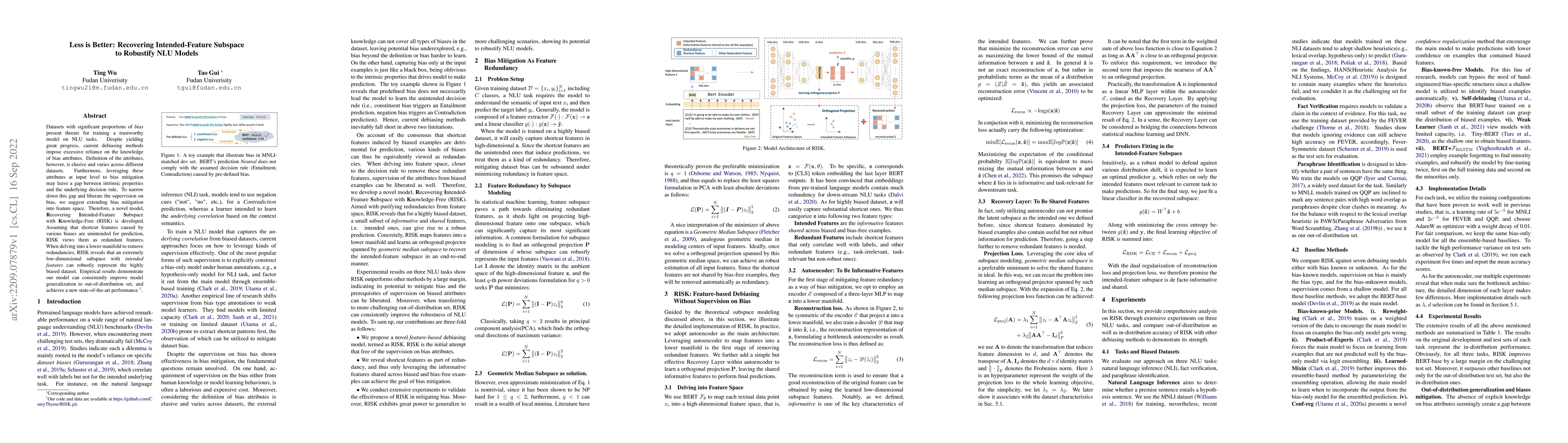 Thumbnail for Less is Better: Recovering Intended-Feature Subspace to Robustify NLU
  Models