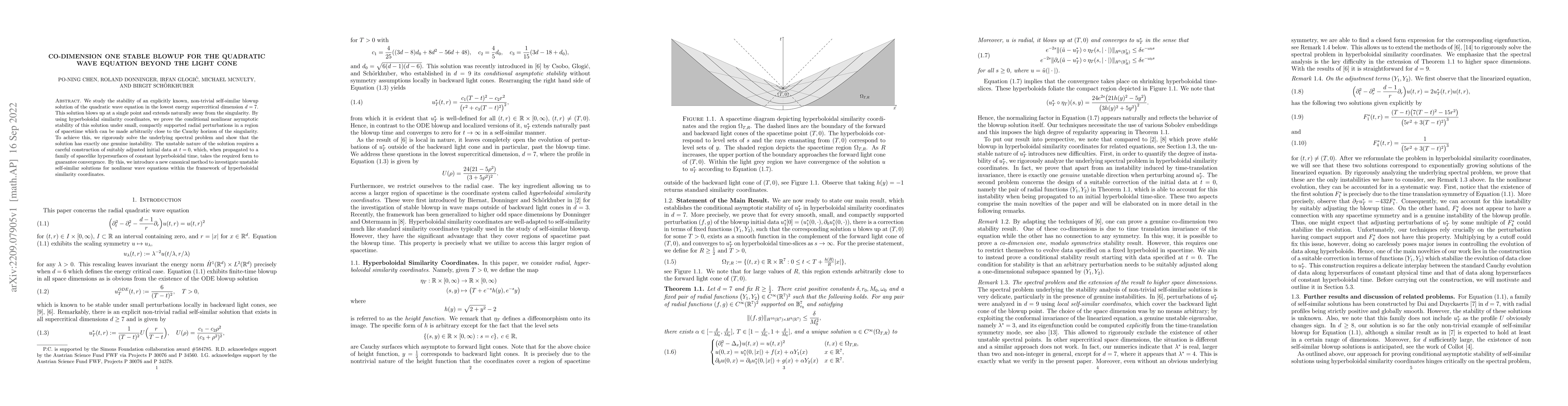Thumbnail for Co-dimension one stable blowup for the quadratic wave equation beyond
  the light cone