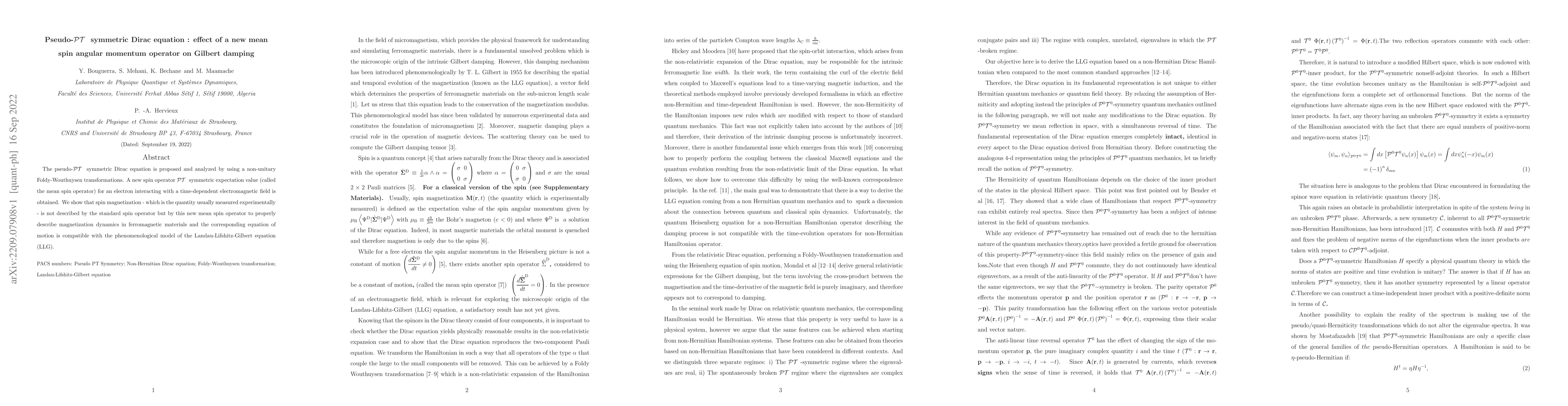 Thumbnail for Pseudo-PT symmetric Dirac equation : effect of a new mean spin angular
  momentum operator on Gilbert damping