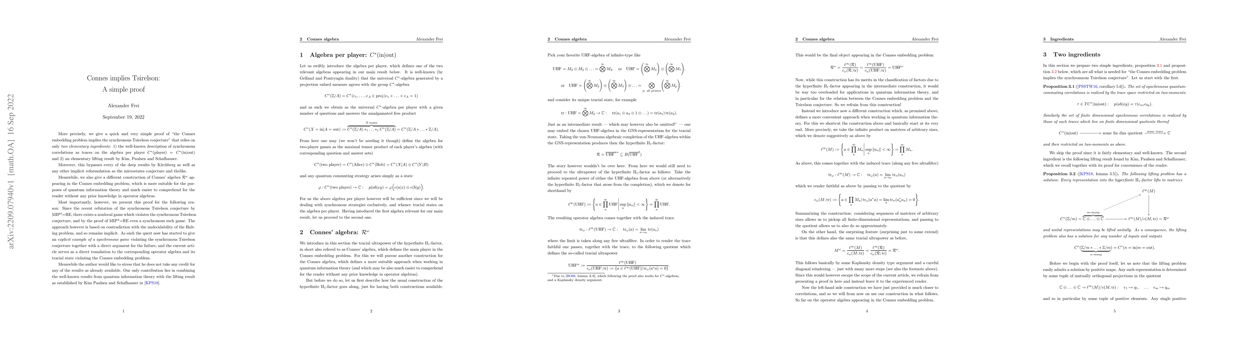 Thumbnail for Connes implies Tsirelson: a simple proof
