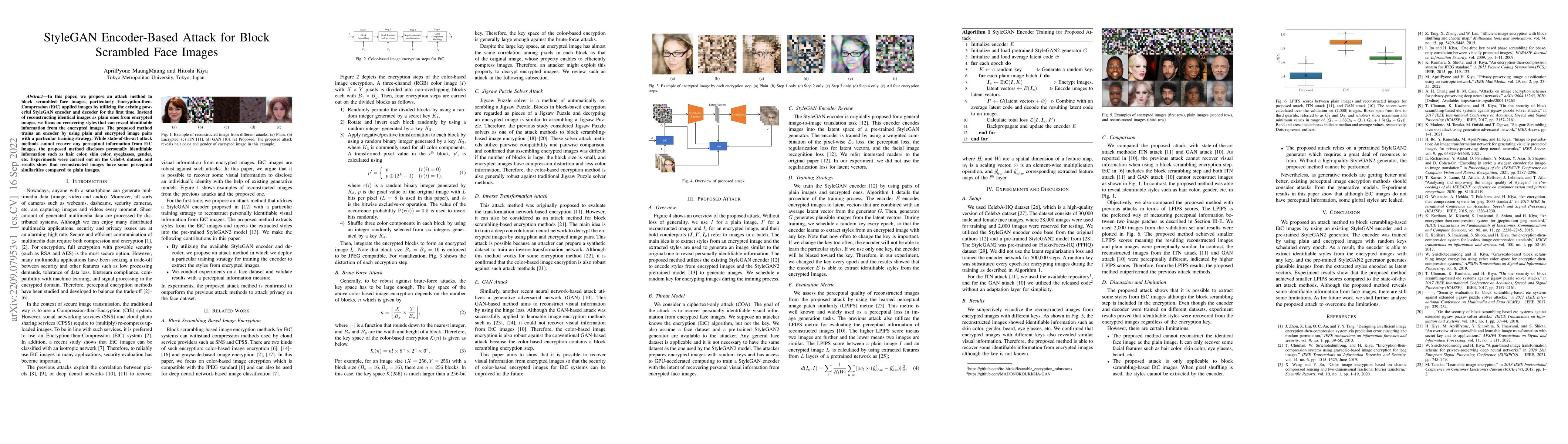 Thumbnail for StyleGAN Encoder-Based Attack for Block Scrambled Face Images