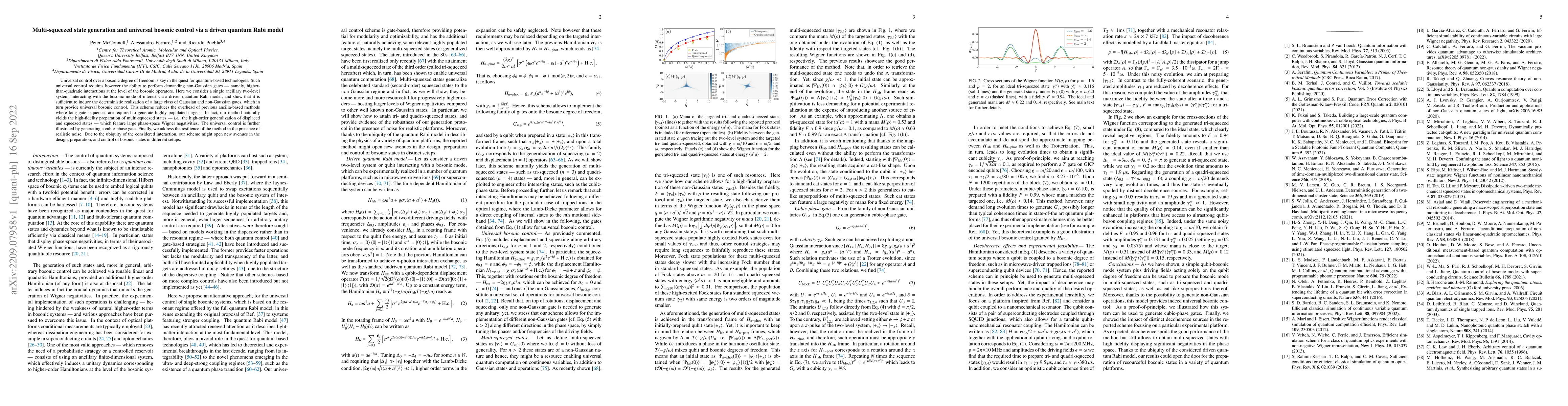 Thumbnail for Multi-squeezed state generation and universal bosonic control via a
  driven quantum Rabi model