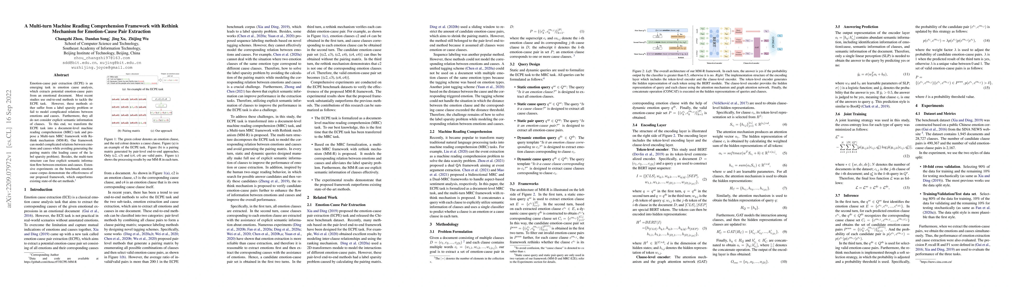 Thumbnail for A Multi-turn Machine Reading Comprehension Framework with Rethink
  Mechanism for Emotion-Cause Pair Extraction
