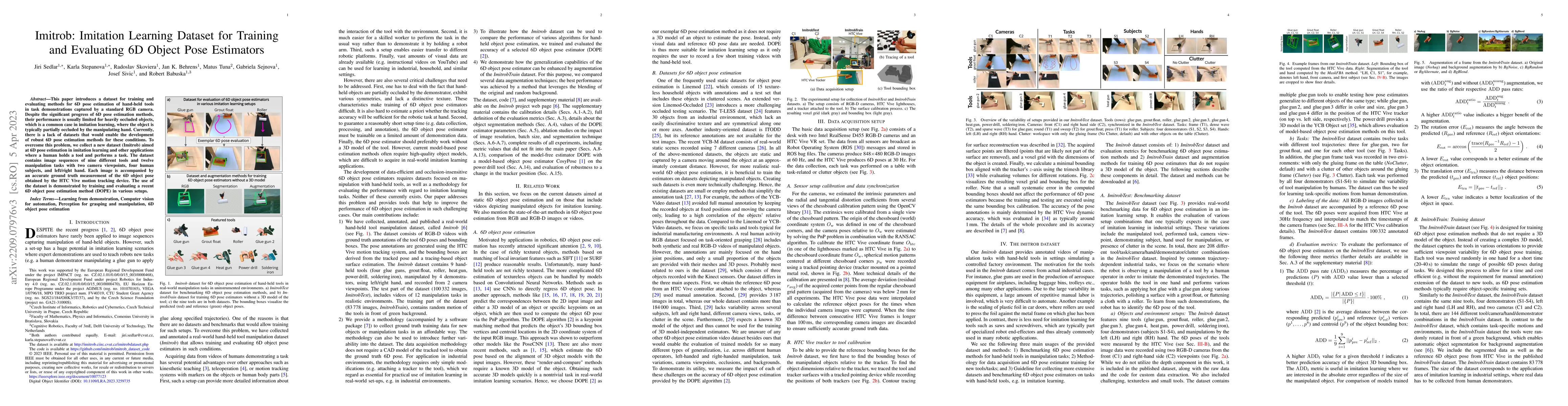 Thumbnail for Imitrob: Imitation Learning Dataset for Training and Evaluating 6D
  Object Pose Estimators