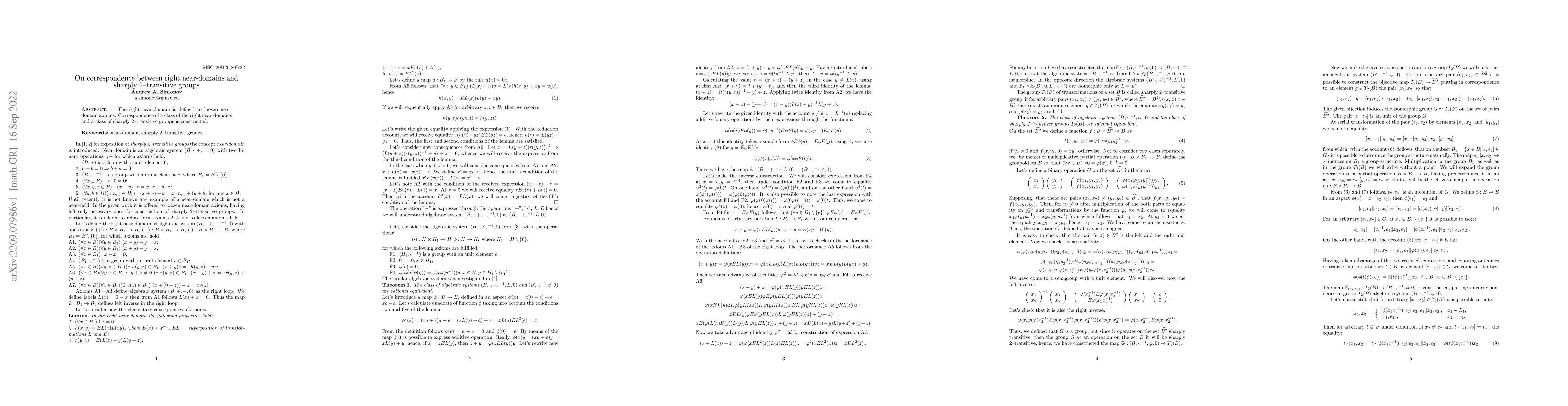 Thumbnail for On correspondence between right near-domains and sharply 2-transitive
  groups