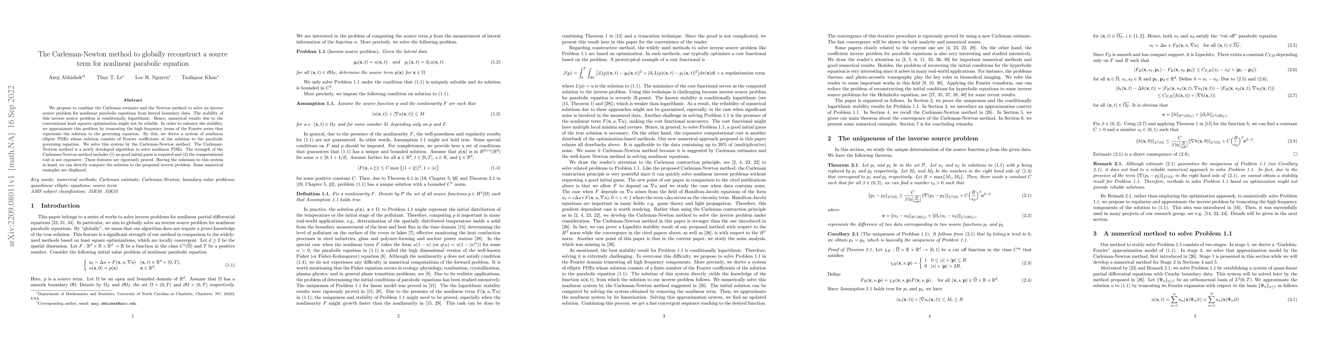 Thumbnail for The Carleman-Newton method to globally reconstruct a source term for
  nonlinear parabolic equation