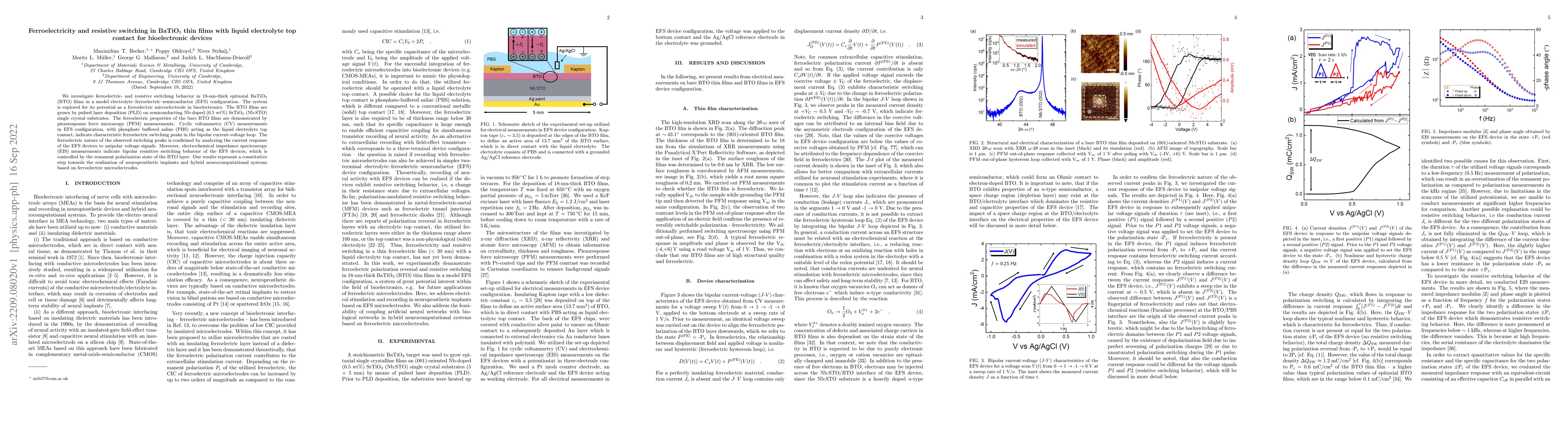 Thumbnail for Ferroelectricity and resistive switching in BaTiO$_3$ thin films with
  liquid electrolyte top contact for bioelectronic devices