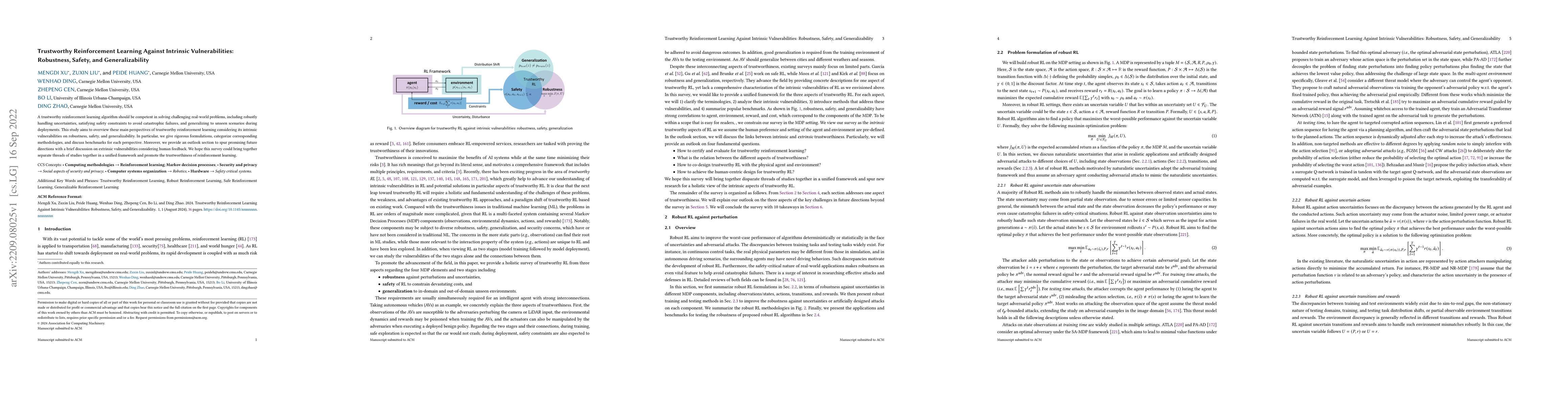 Thumbnail for Trustworthy Reinforcement Learning Against Intrinsic Vulnerabilities:
  Robustness, Safety, and Generalizability
