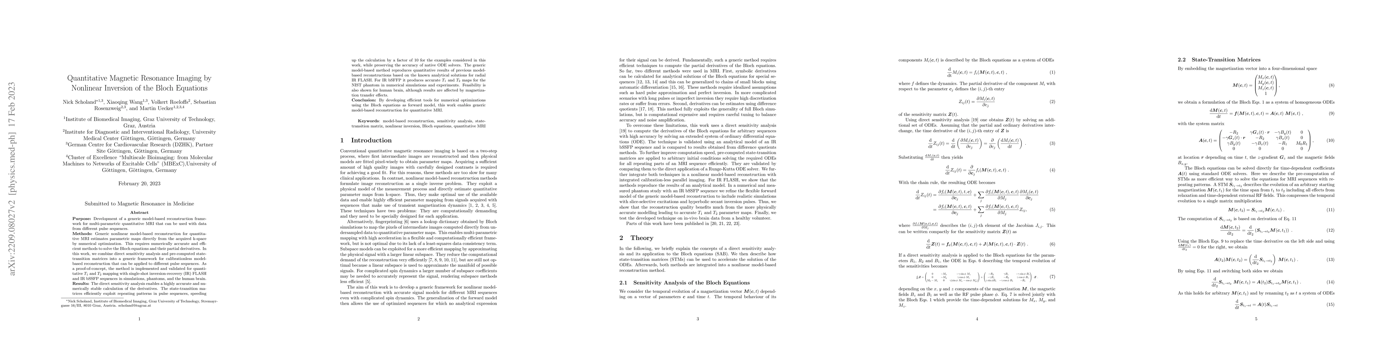 Thumbnail for Quantitative Magnetic Resonance Imaging by Nonlinear Inversion of the
  Bloch Equations