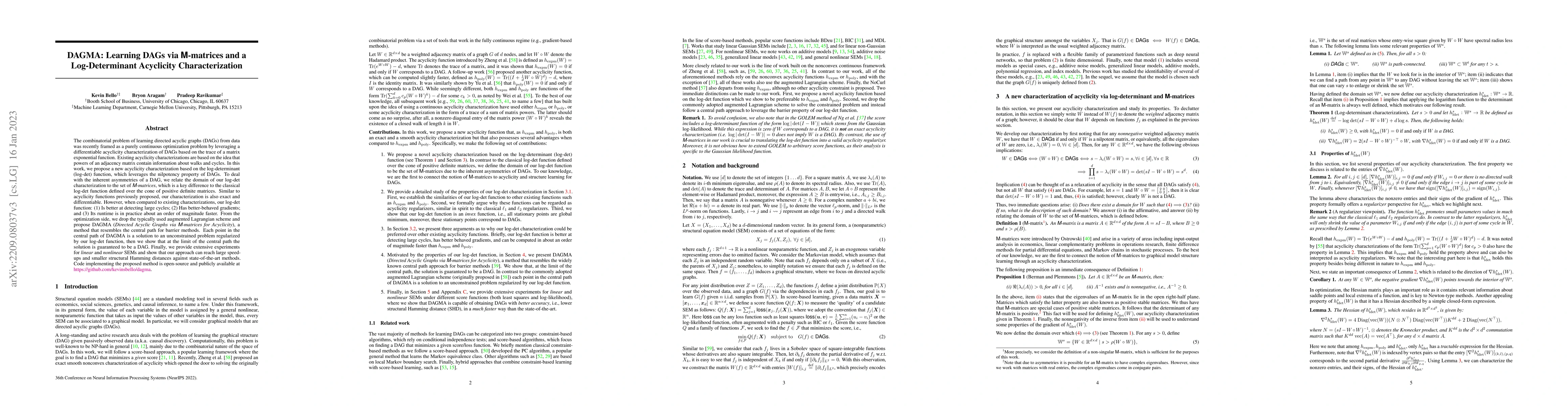 Thumbnail for DAGMA: Learning DAGs via M-matrices and a Log-Determinant Acyclicity
  Characterization